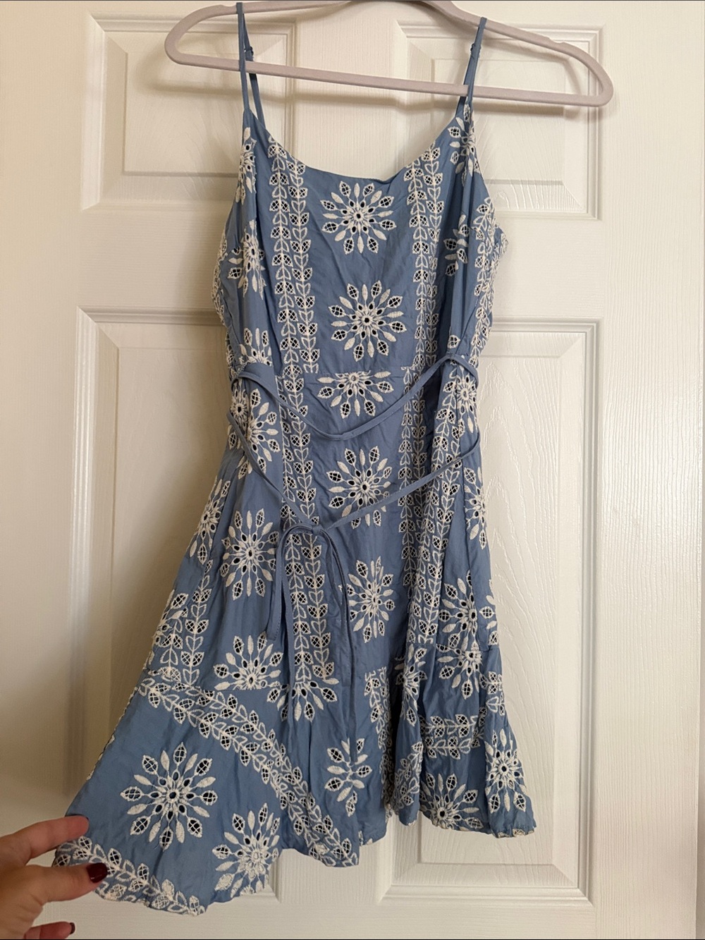 Aqua Light Blue Embroidered Spaghetti-Strap Mini Dress